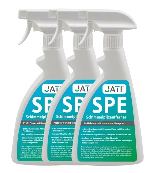 Immagine di Jati-Schimmelpilzentferner Kombiangebot Drei Sprühflaschen für  ca. 15 qm ( 3 x 500ml-Flasche) für ca. 12-16 qm (Grundpreis € 33,20 / Liter)